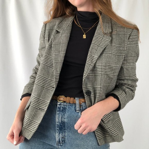 Vintage Jackets & Blazers - Parisian Vintage Oversized Houndstooth Plaid Knit Wool Blend Blazer Jacket Coat